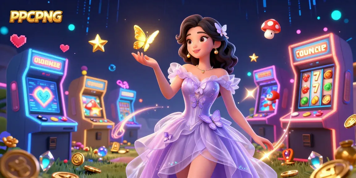 PPCPNG showcases vibrant online pokies with a captivating scene of a woman in a magical gaming environment.