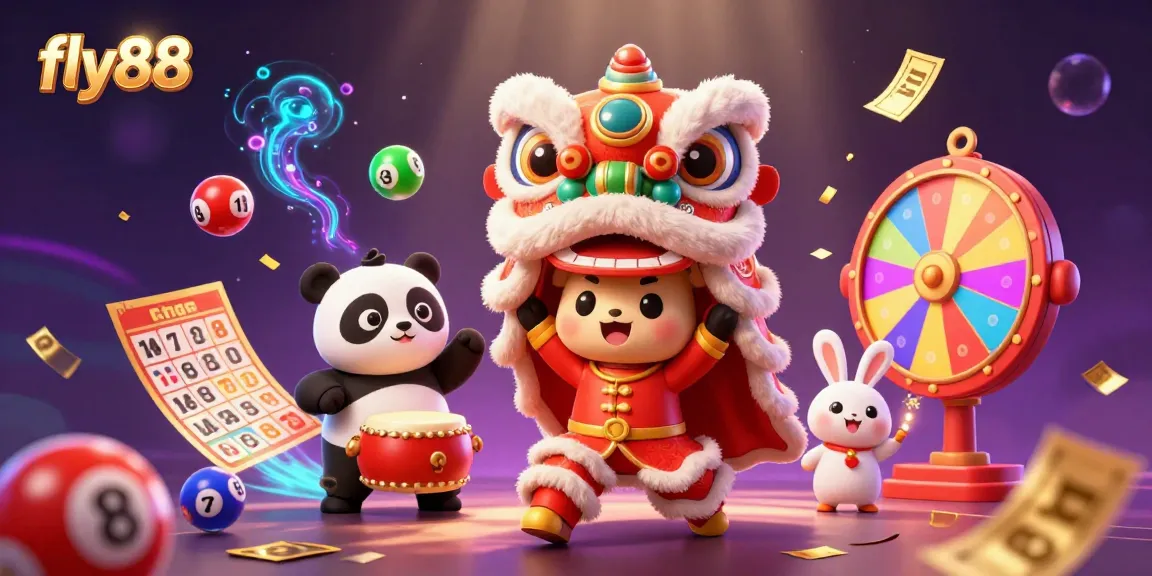 Experience thrill at fly88 with dynamic lottery elements and festive characters in a colorful casino scene.
