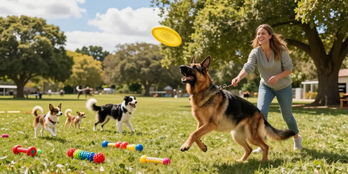 Owner playing fetch with a German Shepherd in a dog park, showcasing the most reactive dog breeds during a joyful moment.