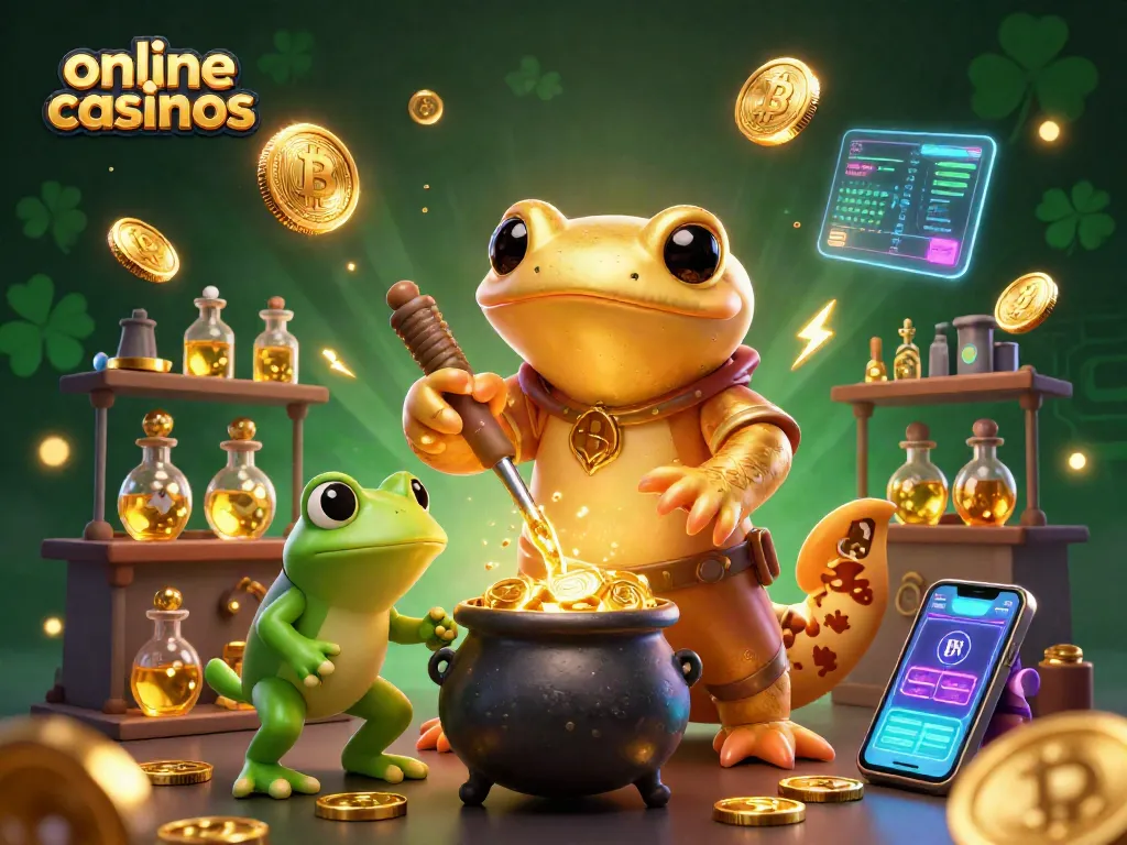Experience the magic of online casinos with a golden salamander alchemist and cryptocurrency elements in this vibrant 3D scene.