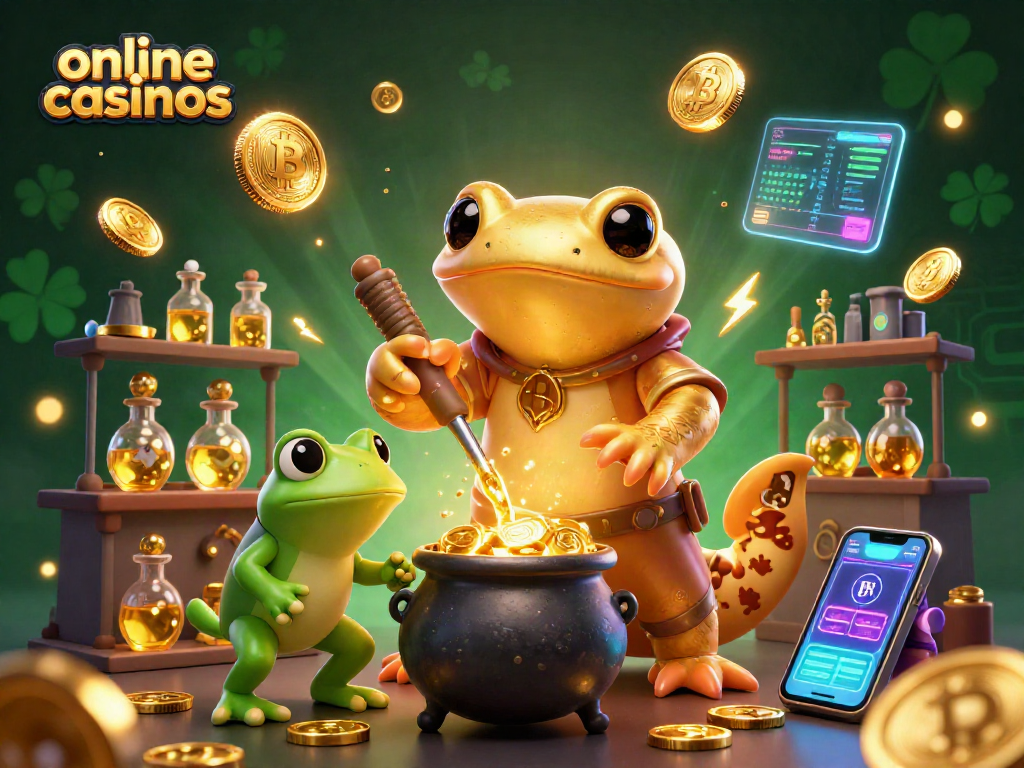 Experience the magic of online casinos with a golden salamander alchemist and cryptocurrency elements in this vibrant 3D scene.