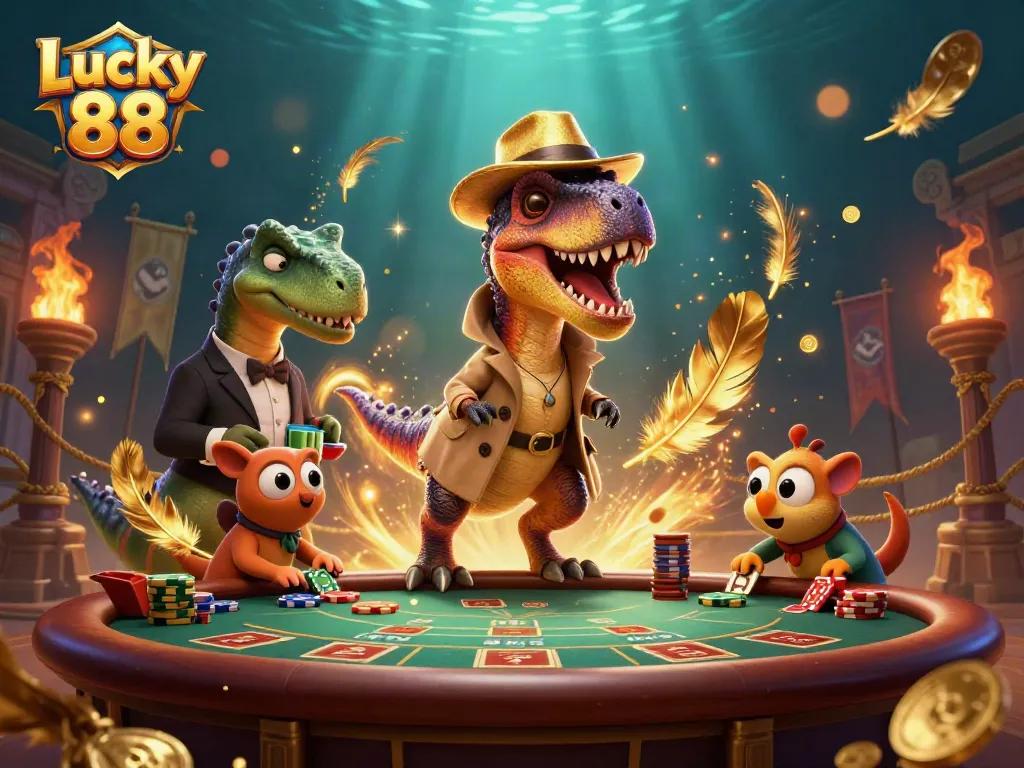 Engage in the excitement of Lucky 88 with a playful scene of cartoon dinosaurs at a blackjack table.