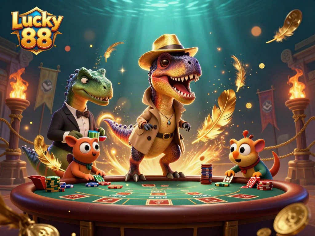 Engage in the excitement of Lucky 88 with a playful scene of cartoon dinosaurs at a blackjack table.