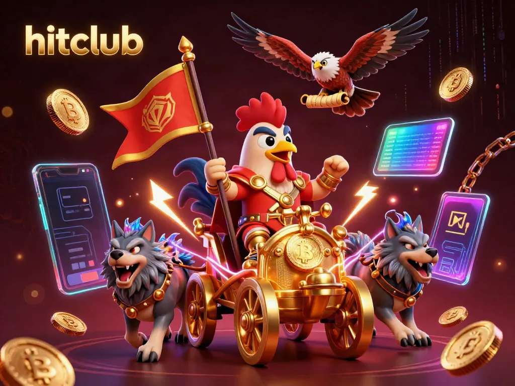 Experience the thrill of hitclub with a dynamic rooster warlord in a golden chariot and cryptocurrency elements.