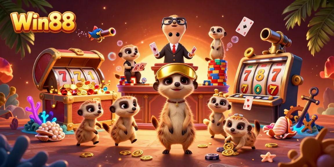 Experience exciting gameplay at Win88 with lively meerkats in a vibrant casino setting.