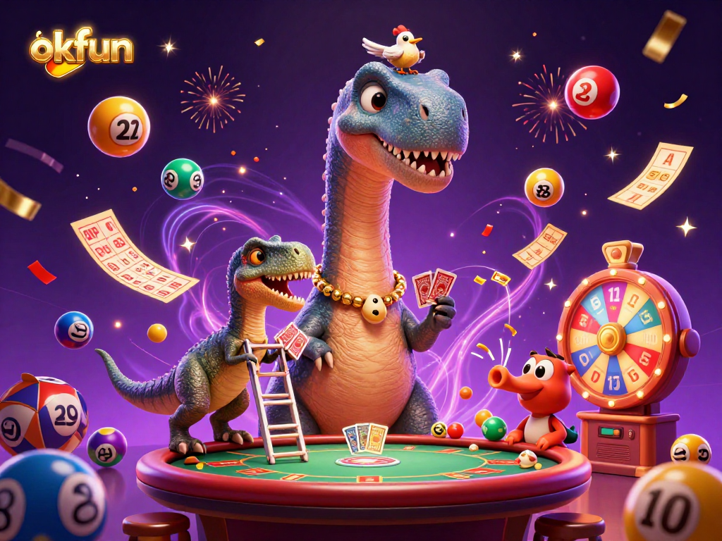 Experience thrilling moments at okfun with a joyful brontosaurus amid colorful casino elements.