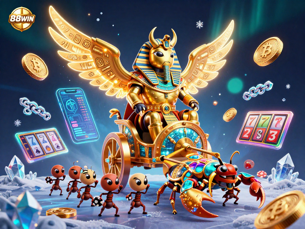 Experience thrilling gaming action with 88WIN's vibrant casino illustration featuring a golden beetle and gem-encrusted elements.