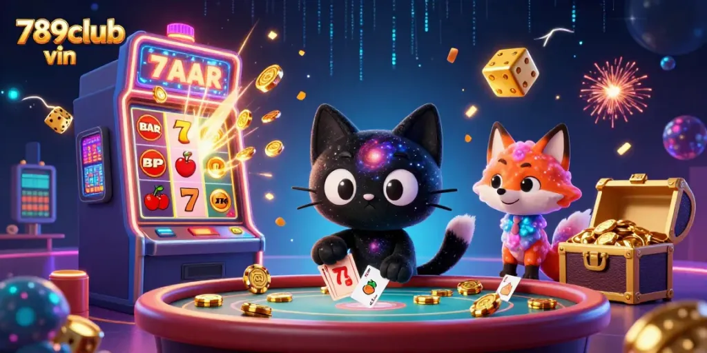 Engage with 789club vin's colorful cosmic table, featuring thrilling casino elements like golden chips and vibrant slot machines.