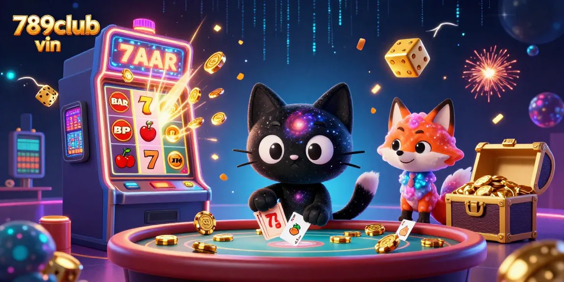 Engage with 789club vin's colorful cosmic table, featuring thrilling casino elements like golden chips and vibrant slot machines.