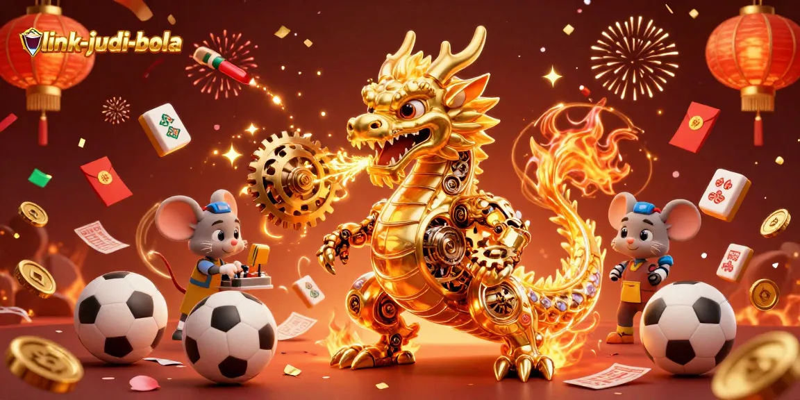 Engage with link-judi-bola's vibrant 3D digital scene featuring sports betting elements and a golden dragon.