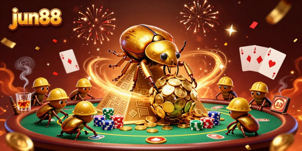 Experience the excitement of jun88 with a golden beetle rolling coins in a vibrant casino scene.