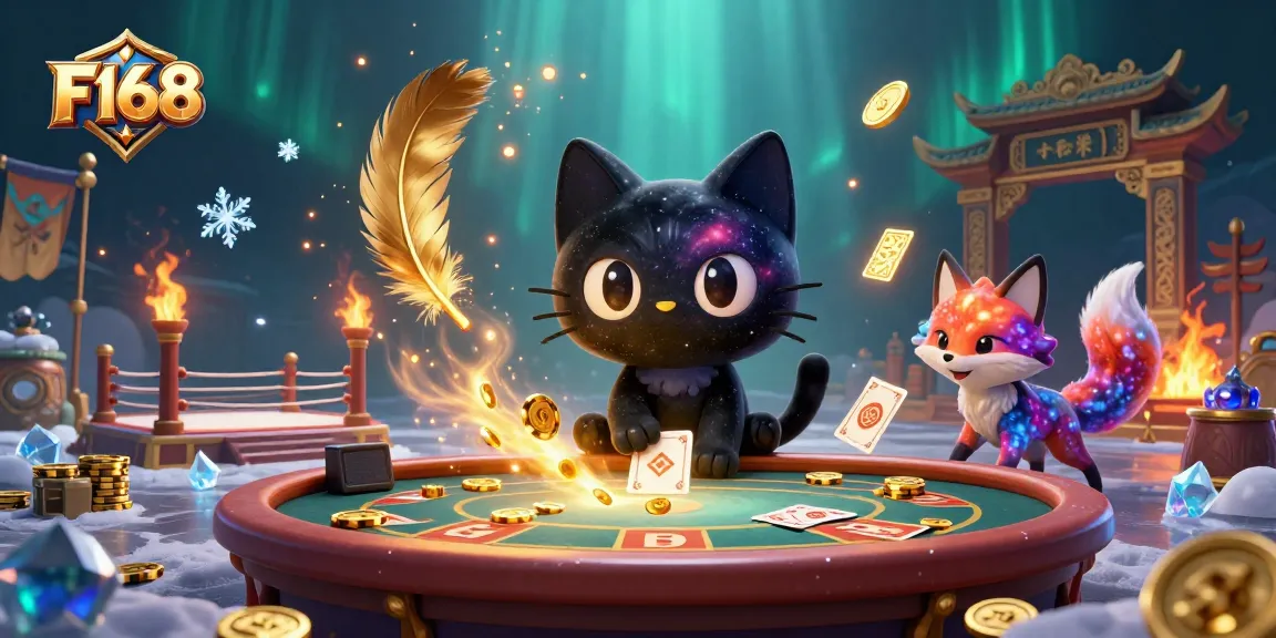 Experience F168's thrilling casino action with a cartoon cat and nebula fox amid vibrant game elements.