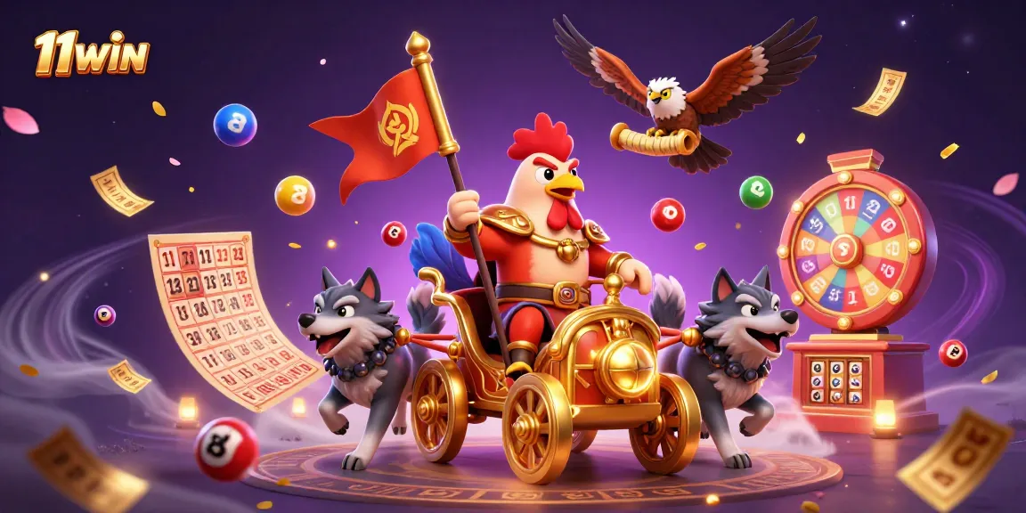 11WIN captures thrilling lottery moments with a rooster warlord and dynamic game elements.