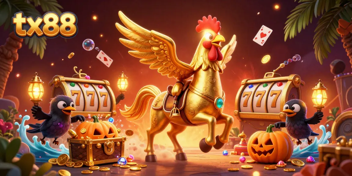 Enjoy thrilling gaming at tx88 with a dynamic illustration of a golden rooster and its lantern-carrying companions.