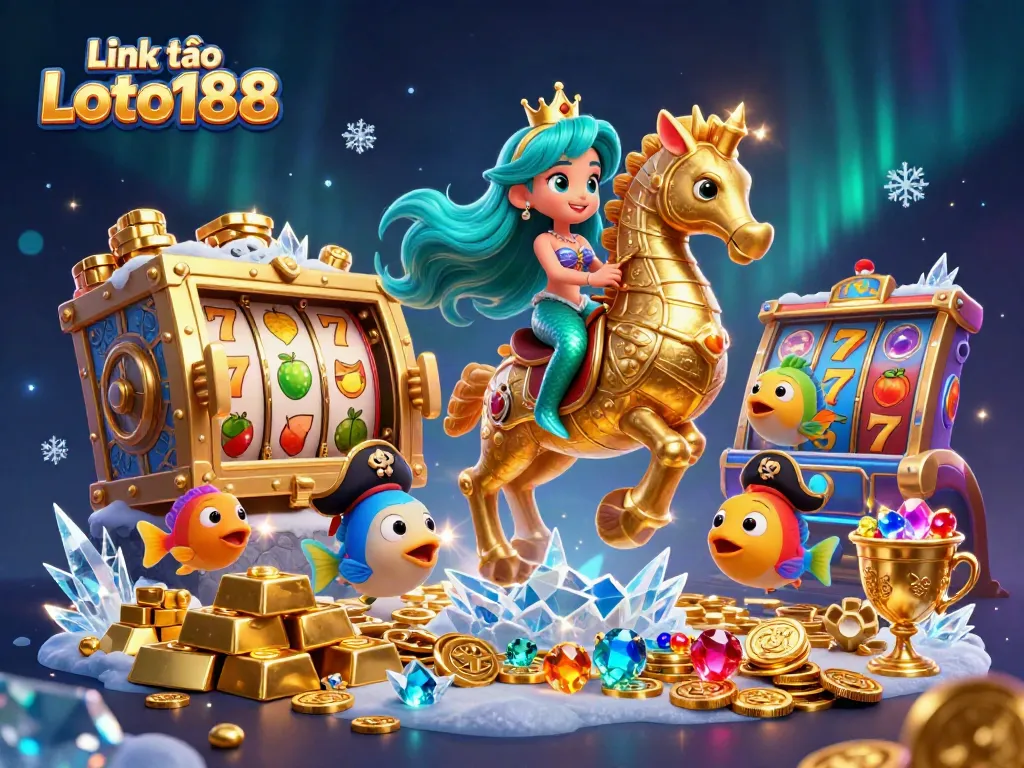 Link vào Loto188 vibrant casino scene with a mermaid, golden seahorse, and colorful slot machines.