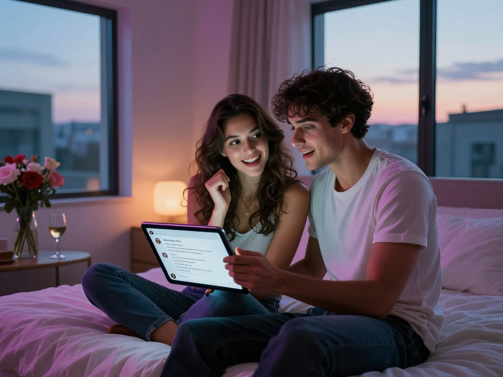 Couple enjoying romantic conversation with sex ai interactions in cozy bedroom setting.