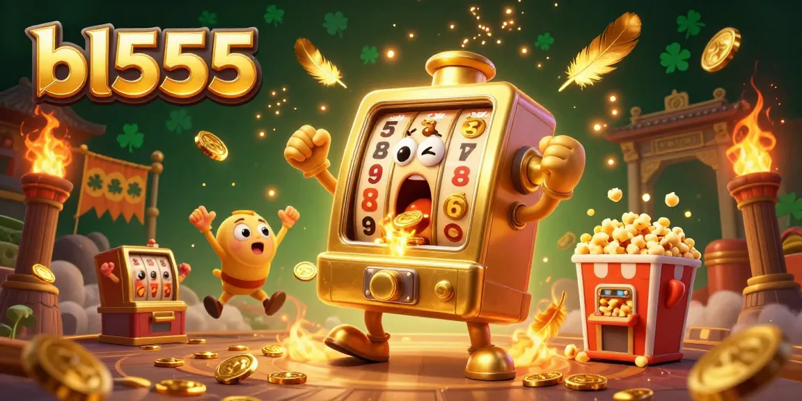 Experience big wins at bl555 with a gold slot machine hitting a jackpot surrounded by cheering mini slots.