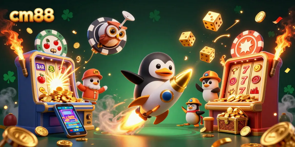 Spin with cm88’s golden penguin amid a vibrant casino explosion of slots and coins!