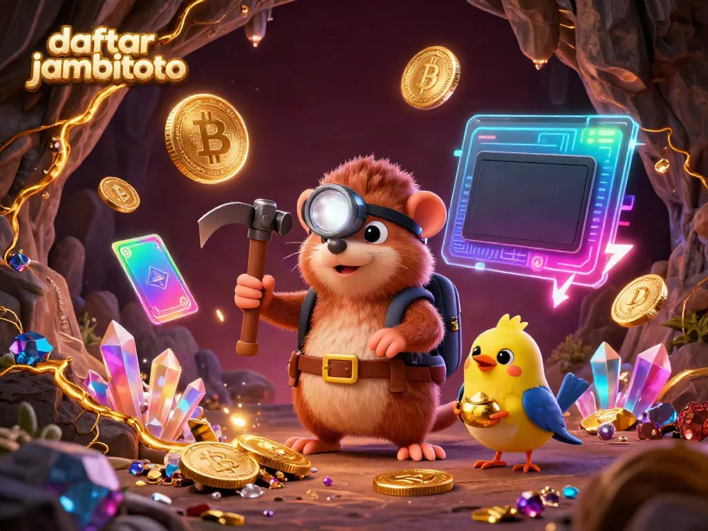 Engage with daftar jambitoto in this vibrant treasure hunting scene showcasing a mole mining glowing gems alongside crypto elements.