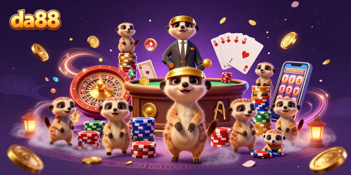 Experience thrilling gaming at da88 with meerkats managing a bustling casino and vibrant gameplay elements.