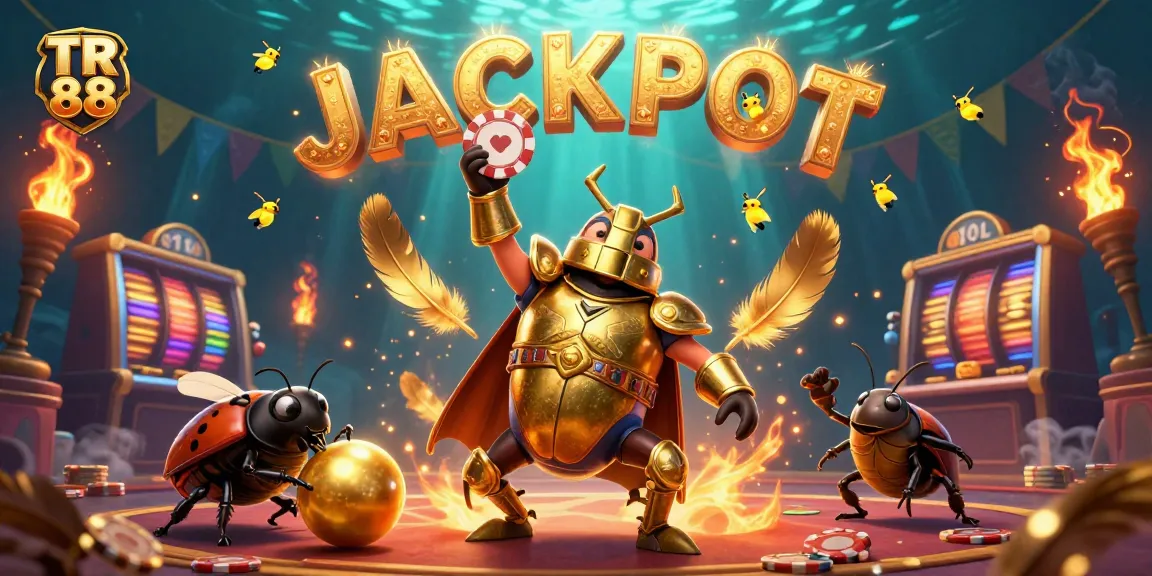 Engage with TR 88 in a vibrant casino scene featuring a hercules beetle championing a poker chip, surrounded by exciting gaming elements.