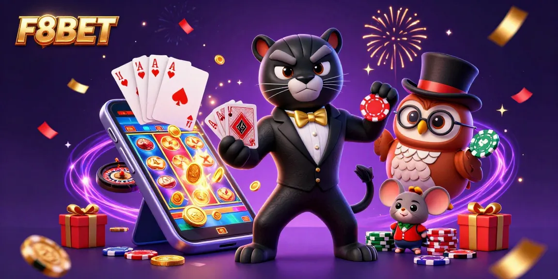 F8BET players engage in lively card games with panther dealer and owl chip holder in dynamic casino scene.