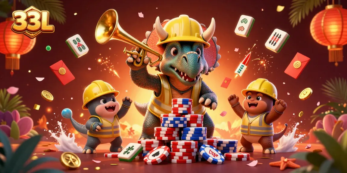 33L online casino features 3D cartoon triceratops and parasaurolophus celebrating with poker chips.