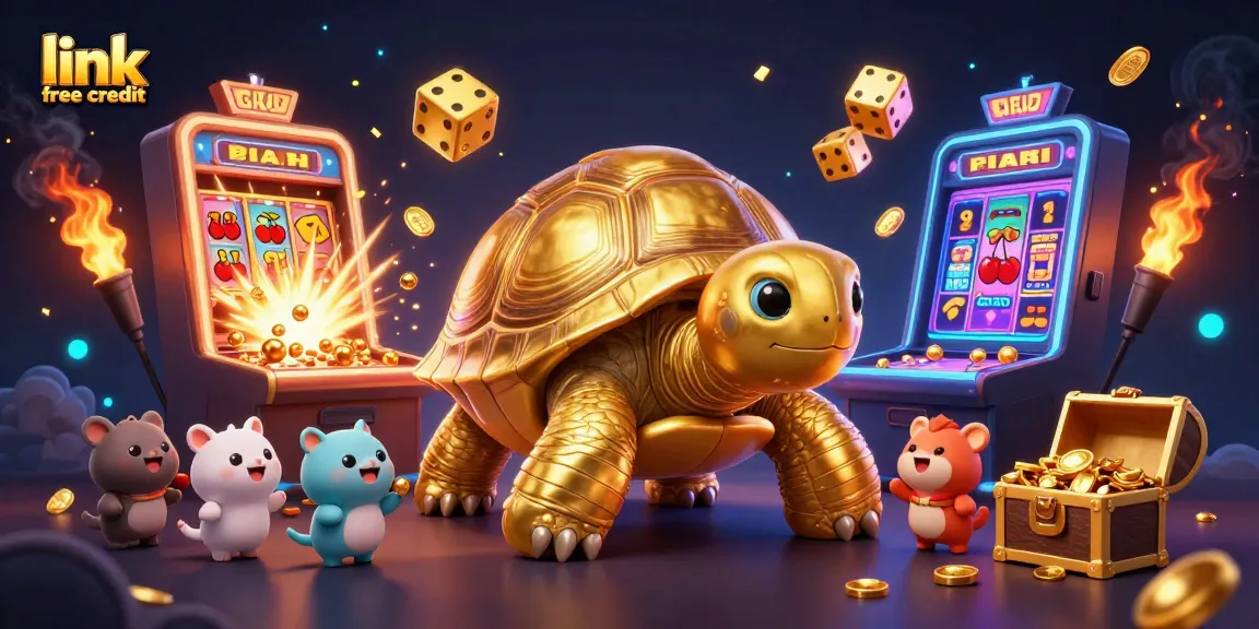 Engage with exciting link free credit promotions while the golden tortoise exhibits a lively casino scene.