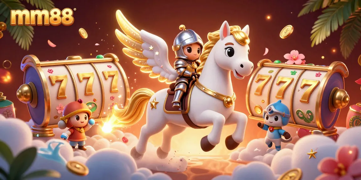 Experience thrilling gameplay with mm88's vibrant casino scene, featuring a galloping celestial horse and golden slot elements.
