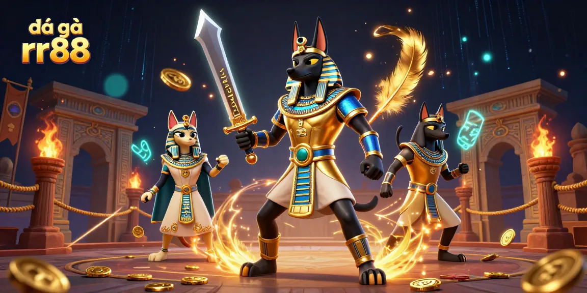 Engaging with đá gà rr88 in a dynamic 3D ancient Egyptian gaming arena filled with excitement.