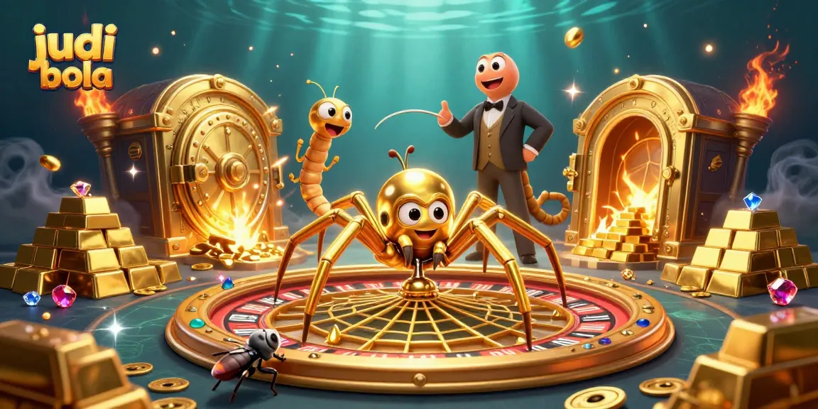 Taruhan judi bola dengan cicak croupier dan laba-laba emas dalam ilustrasi 3D yang memukau.