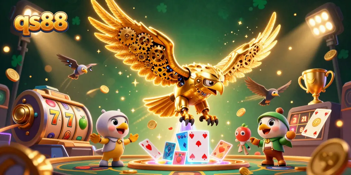 qs88 showcases a cybernetic eagle dive through holographic cards with slot elements and gold coins.