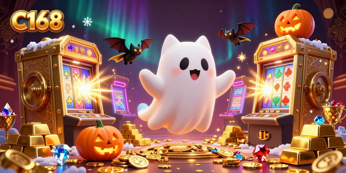 C168 casino excitement with ghost cat and bat companion in a vibrant online gambling scene