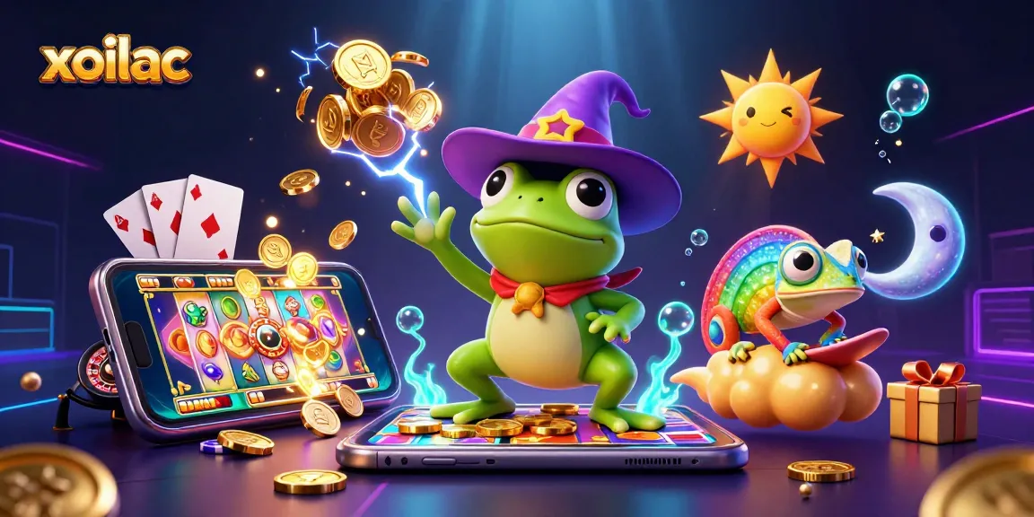 Discover exciting wins with xoilac as the wizard frog conjures gold coins in a vibrant gaming scene.