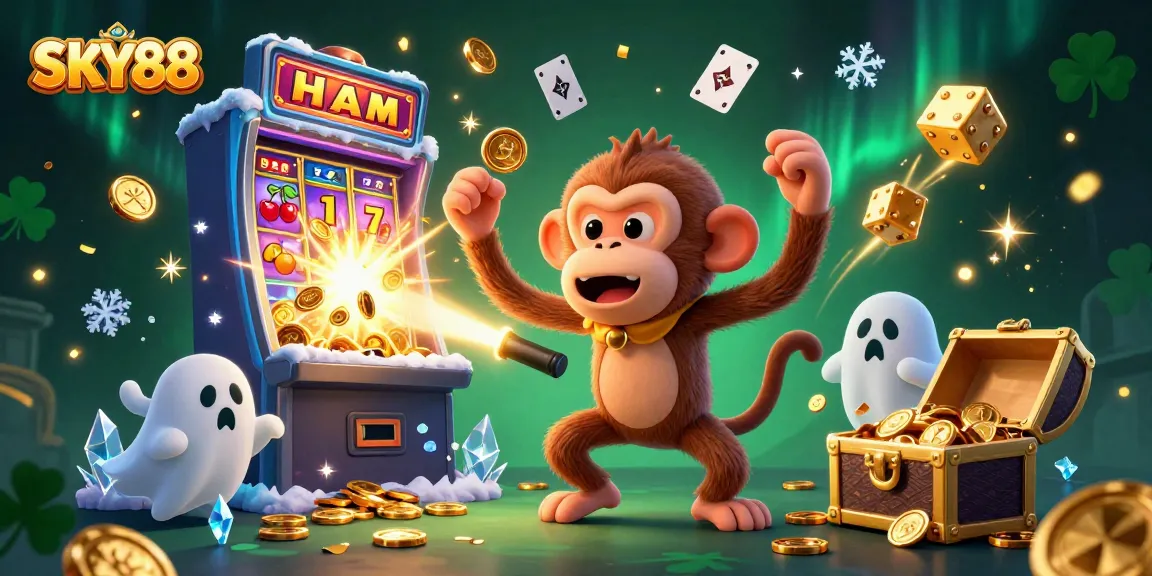 Catch the thrill at SKY88 with a playful poltergeist monkey juggling riches in a dynamic casino scene.