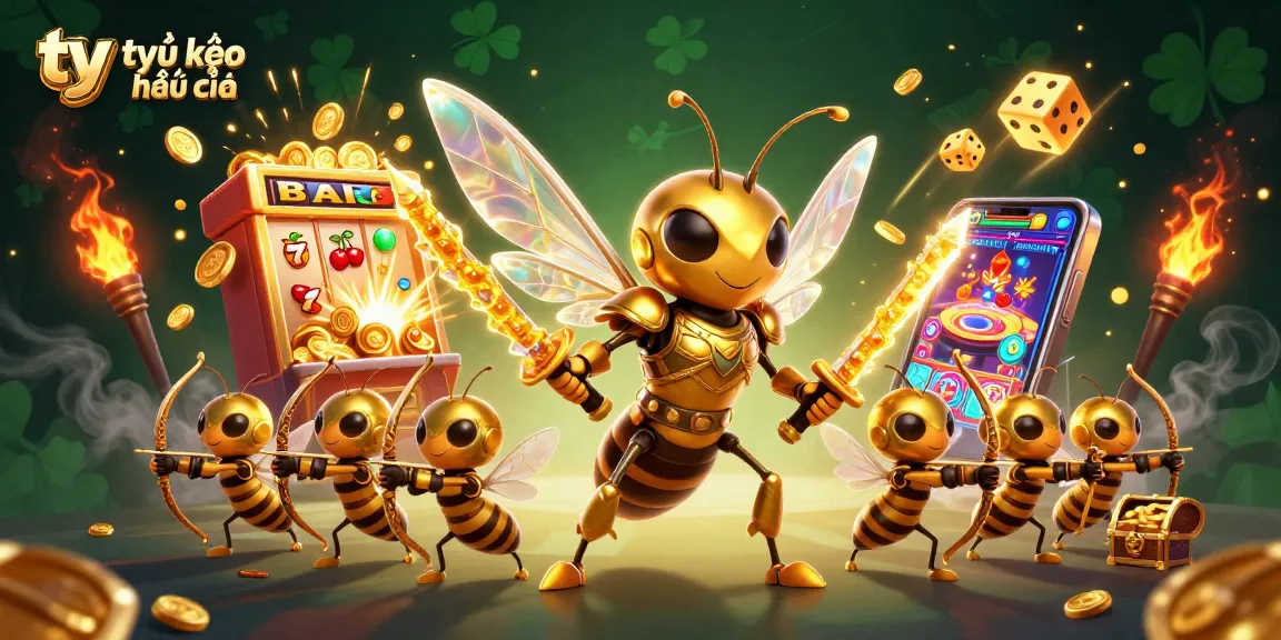 Engaging illustration showcasing tỷ lệ kèo nhà cái with golden samurai hornet and vibrant casino elements.