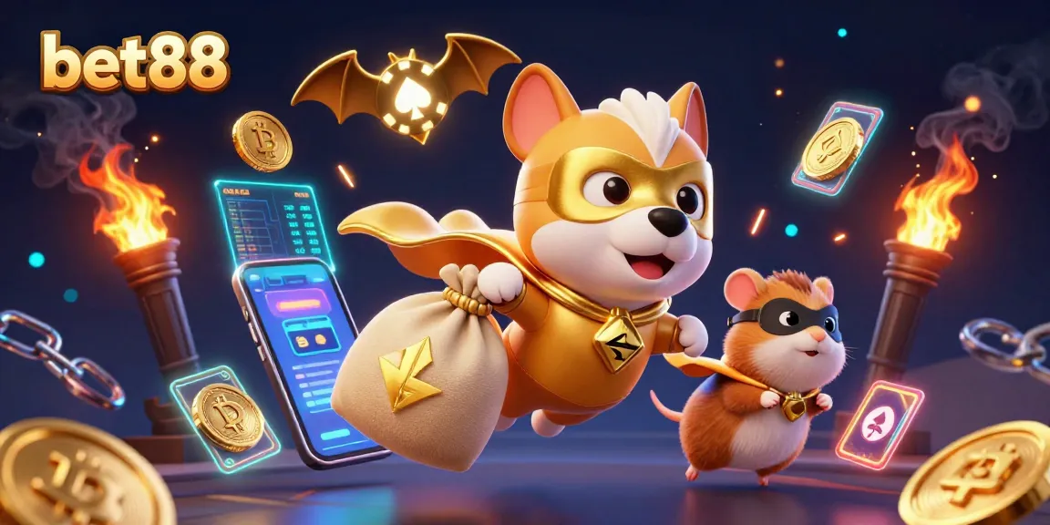 Bet88 champions soar through a neon casino realm, collecting treasures amid digital wonders.
