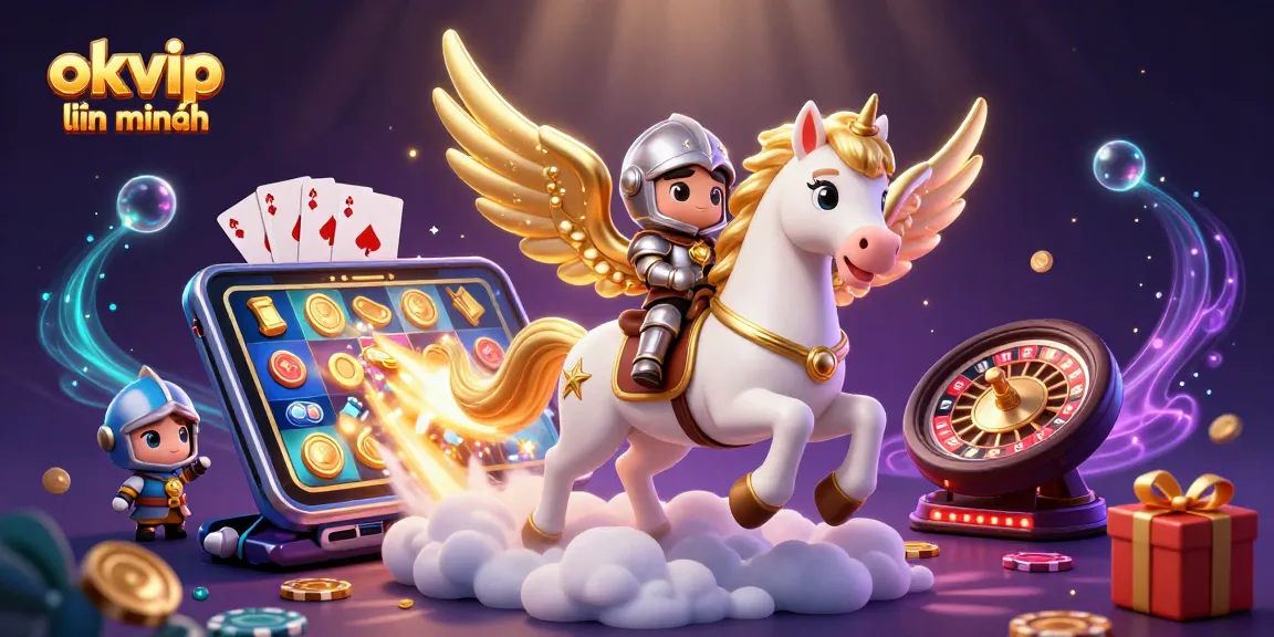 Spin and win with okvip liên minh, featuring a mystical horse and playful gaming elements.