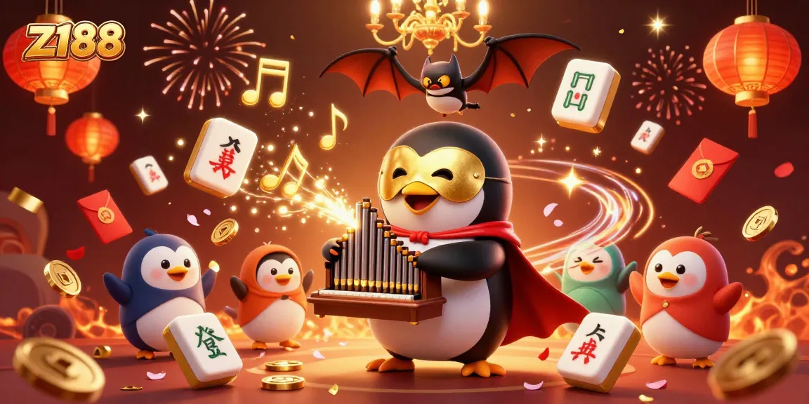 Watch the z188 penguin play the organ while golden coins and fireworks fill the vibrant scene.