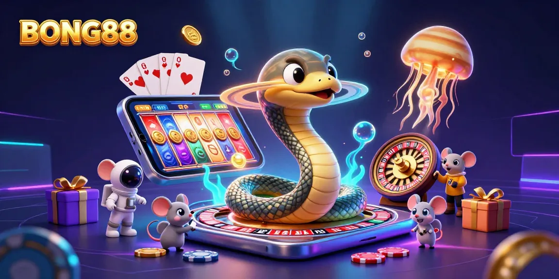 BONG88 showcases a dynamic casino scene with a Saturn snake dealer and playful mice betting on roulette rings.