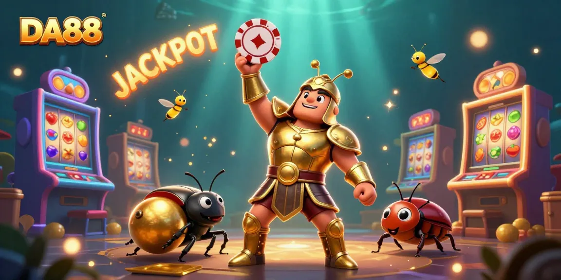 Experience the thrill of DA88 as a gladiator beetle celebrates winning with a golden chip and jackpot!