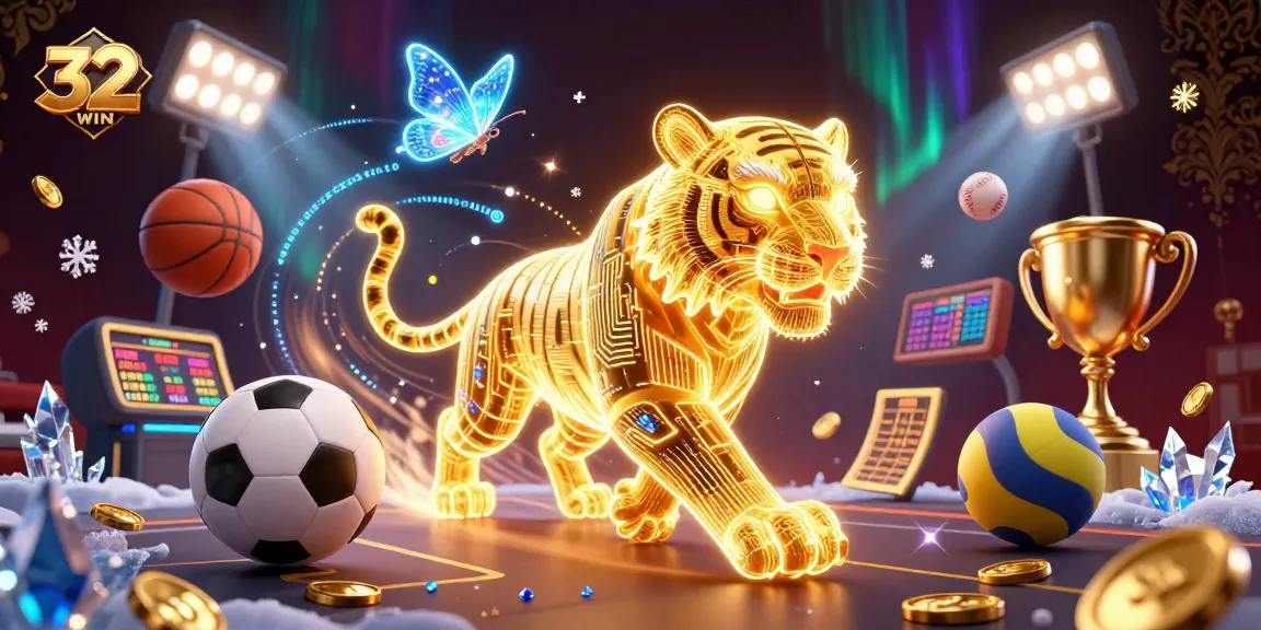 Experience winning strategies at 32WIN with a vibrant casino scene featuring animated sports elements and a golden tiger.