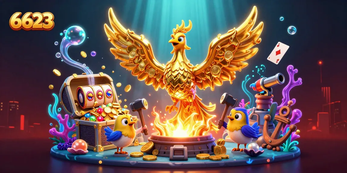 Engage with 6623 to win big fortunes with vibrant casino elements and a golden phoenix rising.