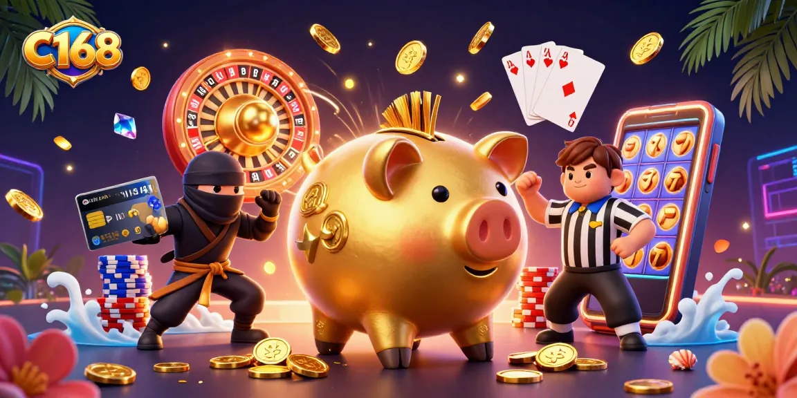 C168 players enjoy immersive gaming experiences with golden coins cascading from a sumo wrestler and vibrant gambling elements.