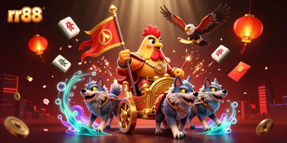 Win big with rr88 as a 3D cartoon rooster warlord leads the thrilling casino adventure.