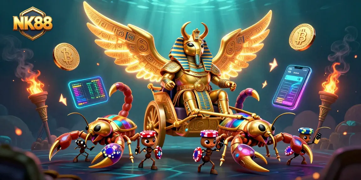 Engage with NK88's vibrant online gaming universe, featuring a golden scarab and scorpions amidst Bitcoin and NFT treasures.