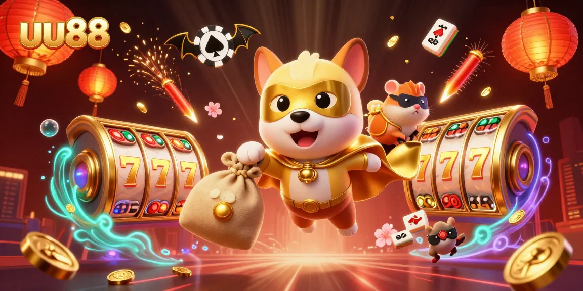 uu88 showcases exciting slot adventures with a superhero dog and vibrant gaming elements!