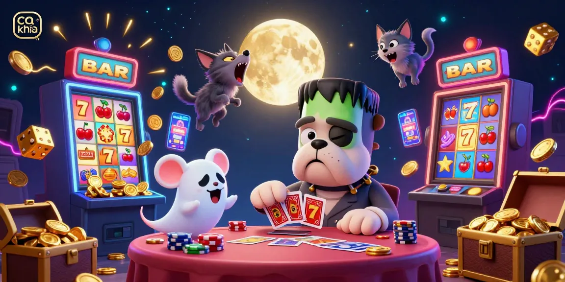 Experience thrilling moments at ca khia tv with a lively illustration of a bulldog dealer and slots bursting with jackpots.