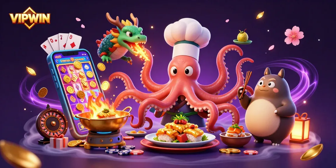 Experience VIPWIN's exciting gaming scene with a sushi chef octopus and dragon creating thrilling casino fun.