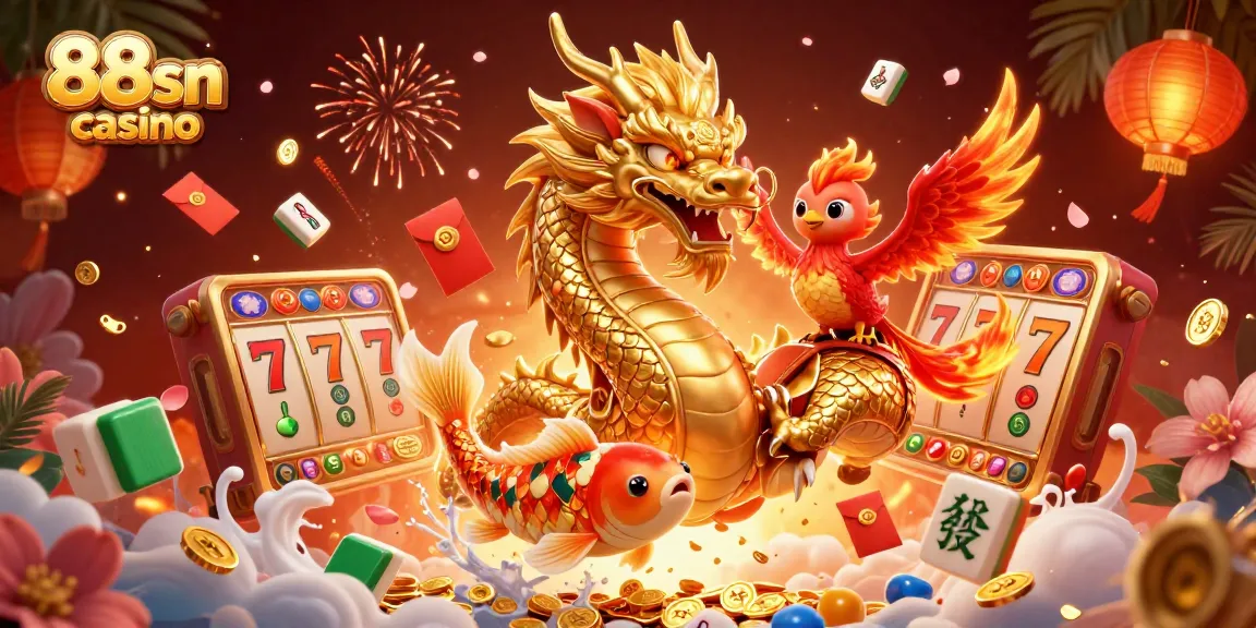 Experience the excitement of 88sn casino with a 3D illustration of majestic dragon and koi fish.